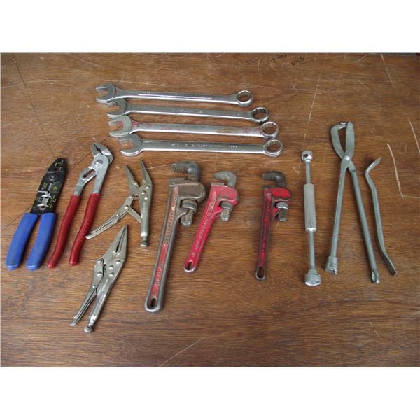 Qty of wrenches, pliers, pipe wrenches and brake tools.