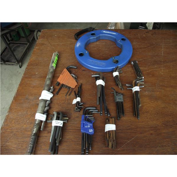 Qty of allen wrenches, std and metric. Fish tape and drill bits.
