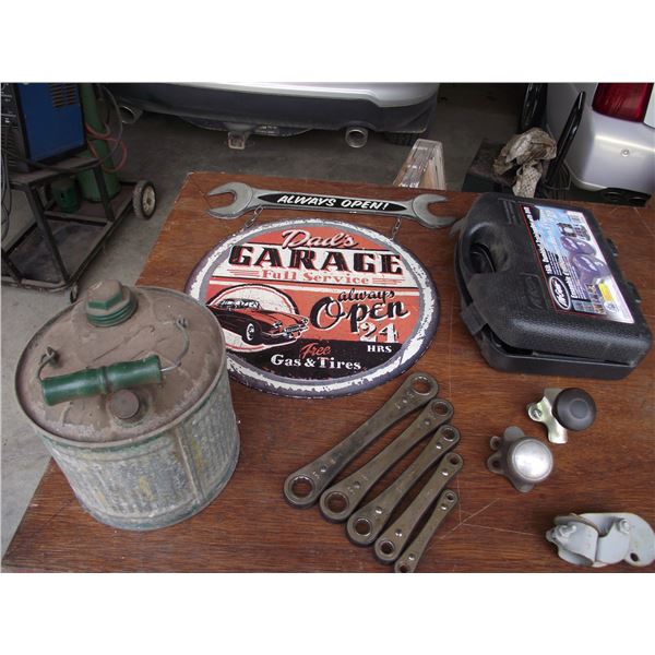 Qty of antique items, gas can, drill bits, wrenches, sign, wheel spinner and rain cap.