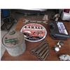 Image 1 : Qty of antique items, gas can, drill bits, wrenches, sign, wheel spinner and rain cap.