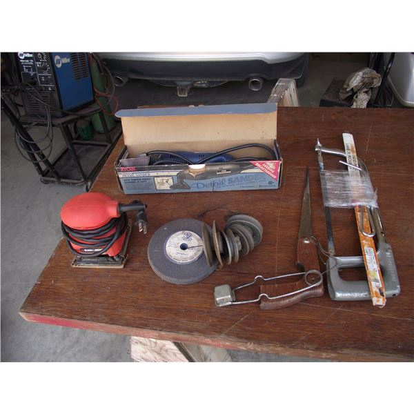 1-B&D palm sander, 1-Ryobi Detail sander, 5-pullys, grind wheel,  4 saws and striker