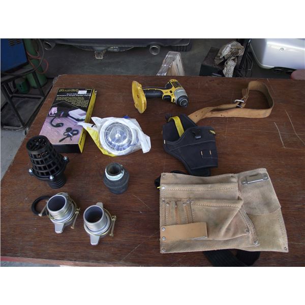 Dewalt 18v impact driver (No Battery) and pouch, carpenter pouch, clamp device, sink stop and assort