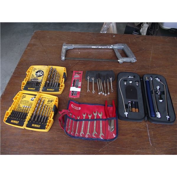 2-Dewalt drill bit sets, 2- sets small wrenches, mini light kit, 3-jig saw blades, and 1 hacksaw.