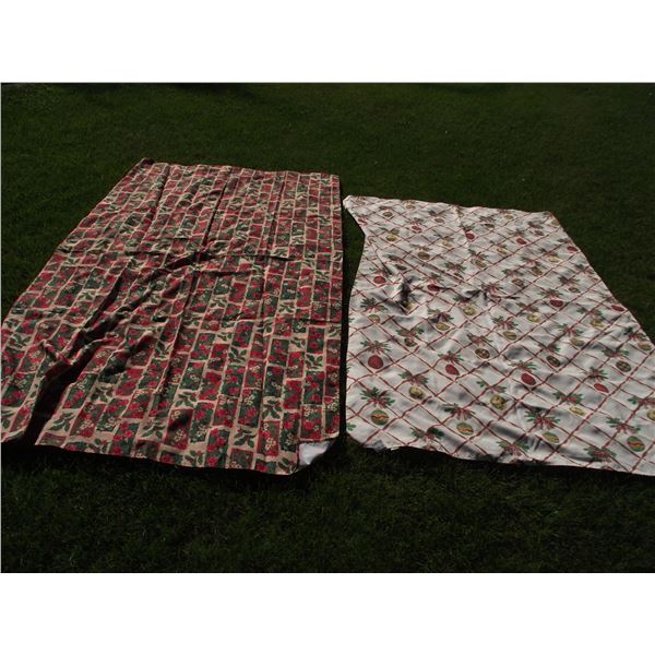 2-Christmas table cloths 100"x53" and 82"x58", Assorted crayons, Umbrella, Jewelery in box, Basket,