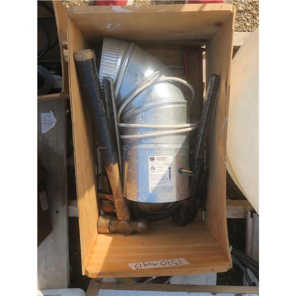 box of hammers pipe wrenches and assorted hardware