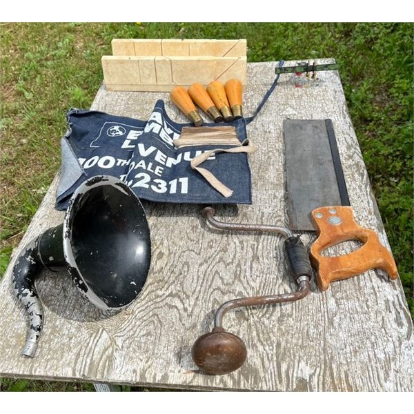 Box of antique tools and miscellaneous