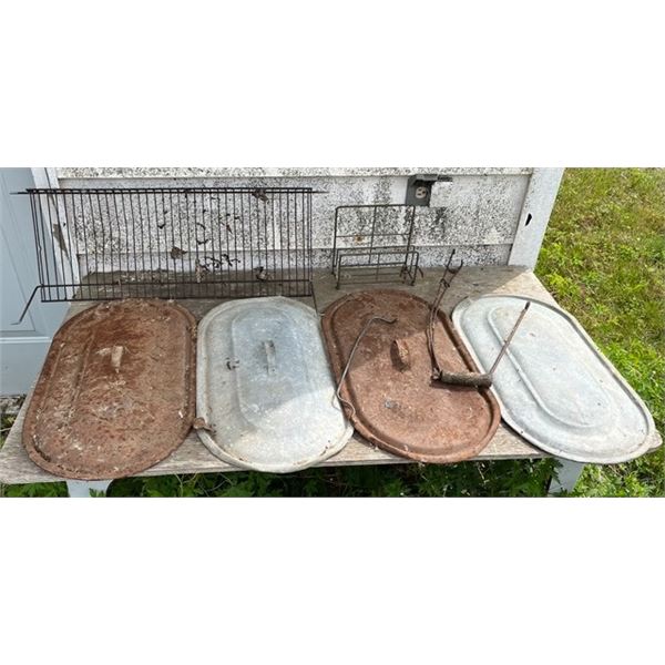 Antique boiler lids, wire rack, grill
