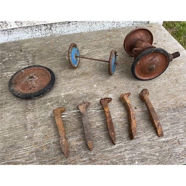 Rail road spikes x5 & Antique wagon wheels x3