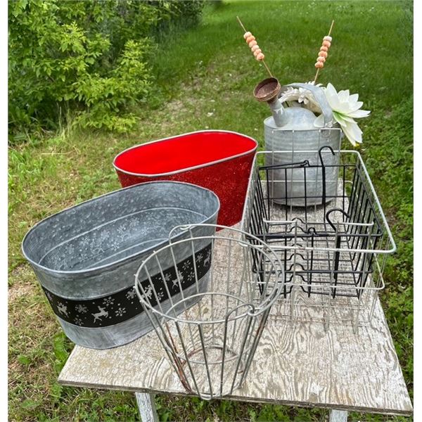 Watering can, 2 tubs & wire baskets