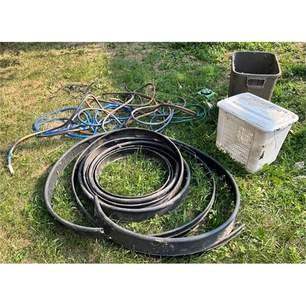 Garbage can, garden hose, water sprinkler, lawn edging, float & laundry bin