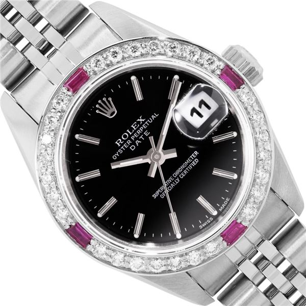 Rolex Ladies Stainless Steel Black Index Dial Diamond And Ruby Bezel Date Wristw