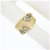Image 3 : Vintage 14k Gold Diamond Florentine Finish Scalloped Edge Concave Wide Band Ring