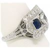 Image 7 : Antique Art Deco Etched Platinum 1.0 ctw European Cut Diamond & Syn Sapphire Rin