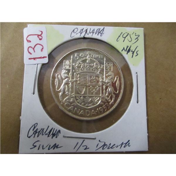 1953 NO SHOULDER STRAP CANADA SILVER HALF DOLLAR