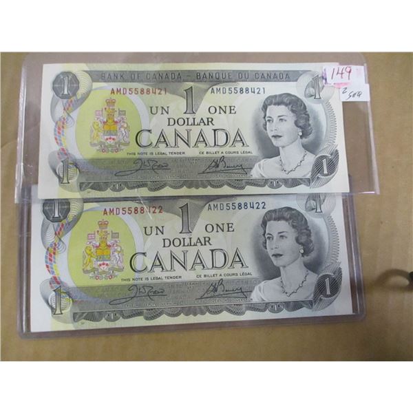 1973 BANK OF CANADA (SEQUENTIAL SERIAL NUMBERS) $1 BILLS