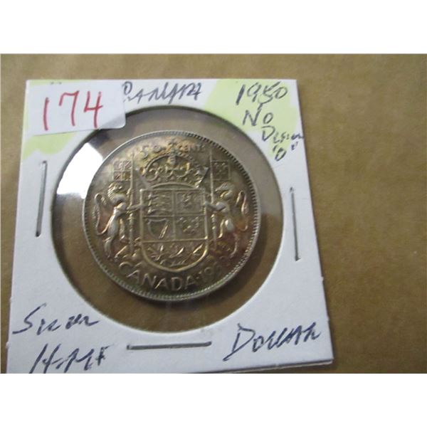 1950 (NO DESIGN "0") CANADA SILVER HALF DOLLAR