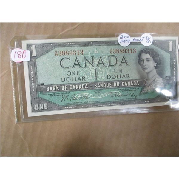 1954 BANK OF CANADA POKER HAND SERIAL NUMBER (3'S & 8'S) $1 BILL
