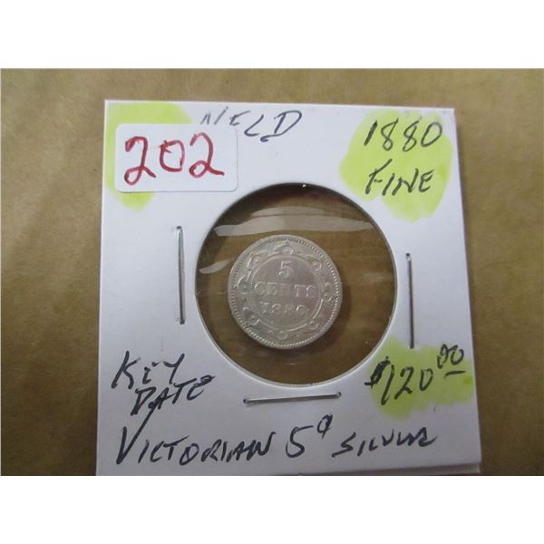 1880 FINE NEWFOUNDLAND VICTORIAN SILVER FIVE CENT