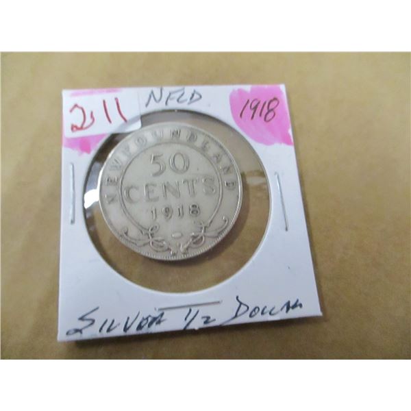 1918 NEWFOUNDLAND KING GEORGE V SILVER HALF DOLLAR
