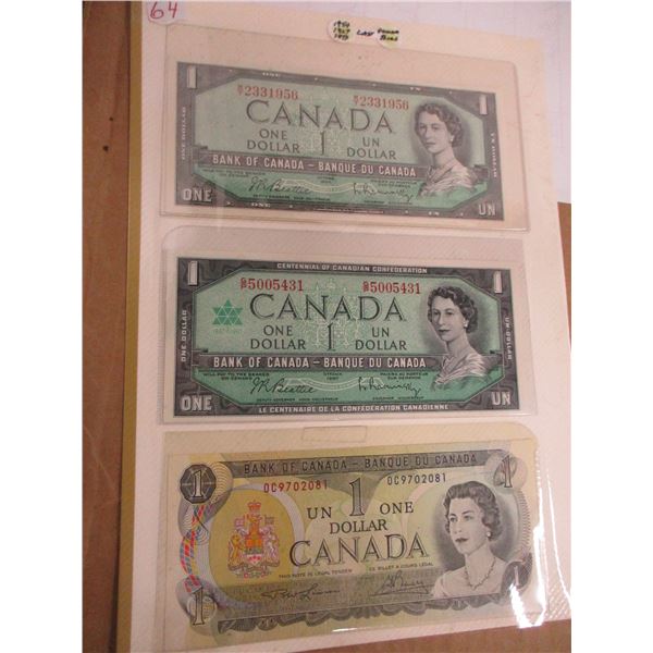 1954, 1967 & 1973 UNCIRCULATED LAST OF CANADA $1 BILLS