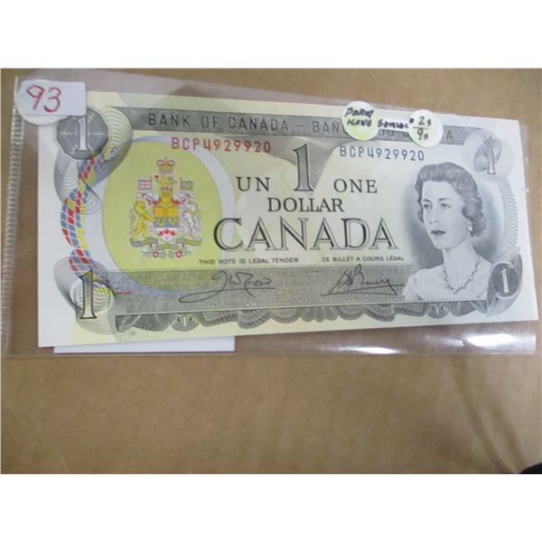 1973 CRISP UNCIRCULATED POKER HAND SERIAL NUMBER (2'S & 9'S) CANADA $1 BILL