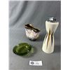Image 1 : Mid Century Modern Table Lighter, Green Ringed Glass Ashtrace & Pinched Vase. Made in Germany