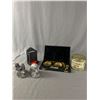 Image 1 : Vintage Canada Made Stone Art, Old Chum Tobacco Tin, Brass Scale w/Weights & Tin "Matches" Box