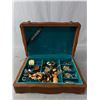 Image 1 : Vintage Velour Lined Wooden Jewelry Box w/ Contents. Approx. 13" x 9" x 3.5"