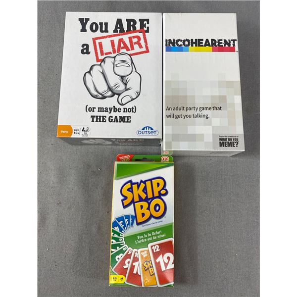 3 Brand New Unopened Games - Skip-Bo, Incoherent & You Are A Liar.