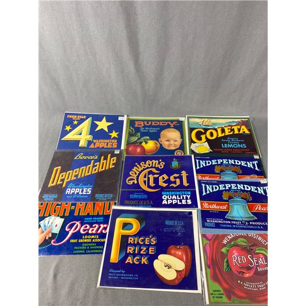 10 Assorted Vintage Fruit Crate Labels In Bag On Board