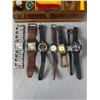 Image 2 : Wood Jewel Box w/ Assorted Watches, Keychains & More. Approx. 12" x 7.5" x 3"