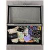 Image 1 : 15" x 8" Metal Case Of Assorted Finds - Jewelry, Patches, Money & More