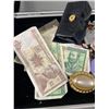 Image 2 : 15" x 8" Metal Case Of Assorted Finds - Jewelry, Patches, Money & More