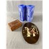 Image 1 : Vintage Wood Carved Jewelry Box w/ Contents (6"x4"x2"), Asian Wood Oval w/ Stone Inlay & 9" H Square