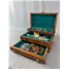 Image 1 : Vintage Wood Jewelry Box w/ Drawer & Lots Of Compartments. Assorted Jewelry Included. Approx. 13" x 