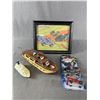 Image 1 : Vintage 12" Transistor Radio Yacht, 5" BC Ferries Boat, 3 Pkgs Of Hot wheels & 11.5" x 9.5" Framed H