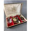Image 2 : Assorted Lot - Tins - Leukoplast & Arctic Dubbin, Dewar's Mini Flask & Small Jewel Box w/Contents