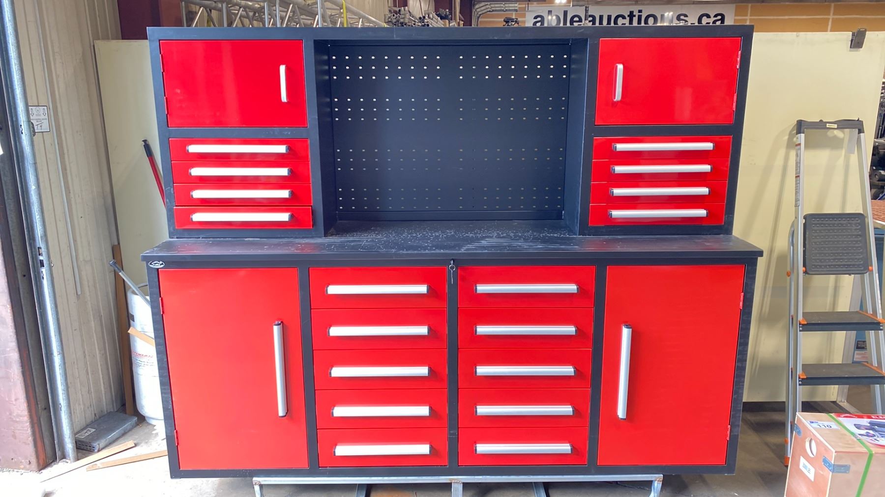 STEELMAN 18 DRAWER RED & BLACK WORK BENCH WITH HUTCH-APPROX.7FT - Able ...
