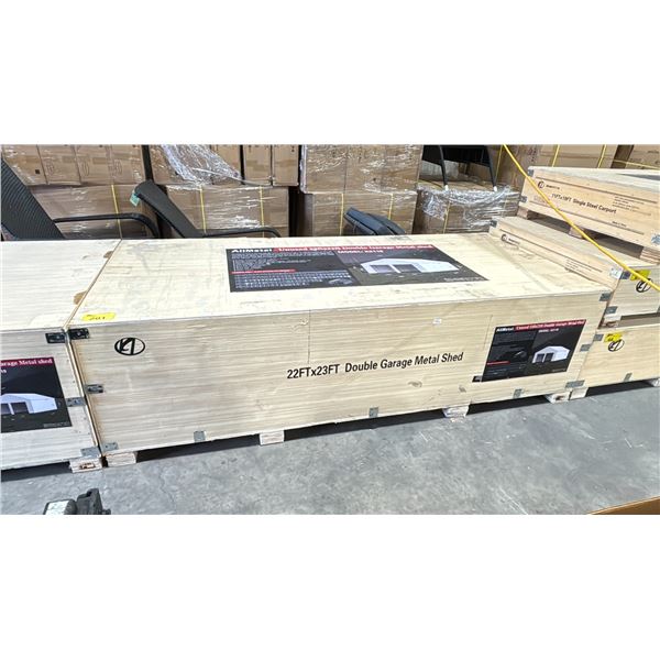 ALLMETAL K2119 UNUSED 23' X 22' STEEL METAL OUTDOOR INDUSTRIAL DOUBLE CAR GARAGE / SHED *IN CRATE*