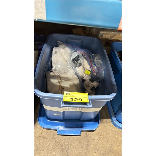 PLASTIC BIN OF ASSORTED LEAF BAGS, DRAPE CLOTHS, GLUE & SET UP MATERIAL *BIN INCLUDED*