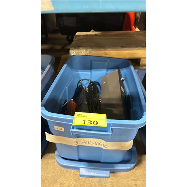 PLASTIC BIN OF DECKLINK HD EXTREME 3D, BLACKMAGIC RACK MOUNTED ULTRASOUND 4, HDMI TO SDI CONVERTERS