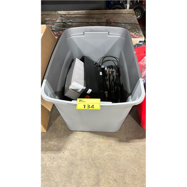 GREY PLASTIC BIN OF INOVATIVE SIDE BOX, BLACKMAGIC 4K RACK MOUNTED ULTRASTUDIO & ASSORTED SERVER