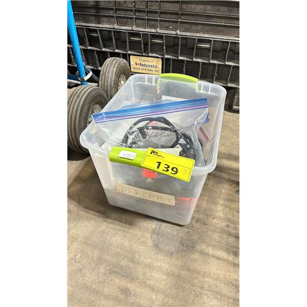 PLASTIC BIN OF ASSORTED APPLE POWER CABLE, ECO POWER CABLE, COMPUTER SPEAKERS, USB 3 HUBS, MEON