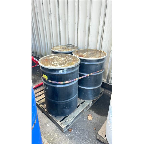 PALLET OF 3 METAL BARRELS OF ASSORTED USED INDUSTRIAL OIL
