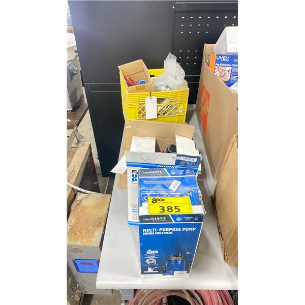 2 LITTLEGIANT MULTI PURPOSE PUMPS, 1 SET OF GREENLINE HOSE AND FITTINGS *IN BOX*, CRATE OF