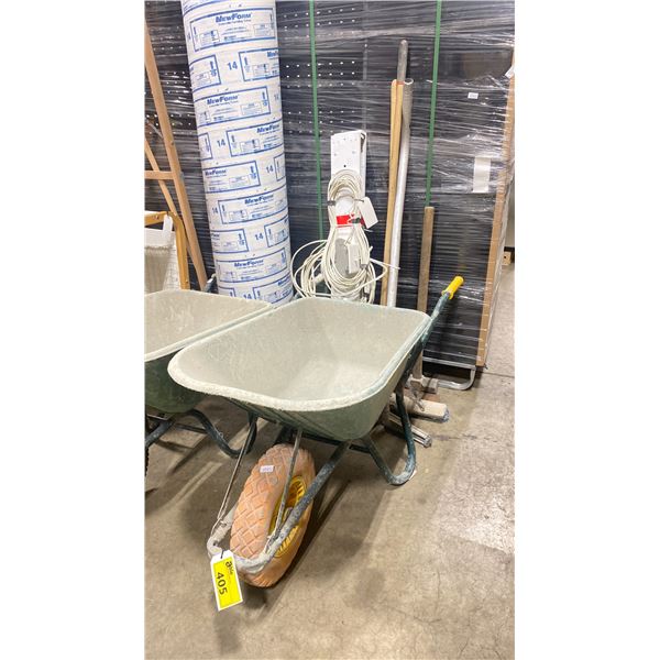 TUFX WHEELBARROW WITH SLUDGEHAMMER, BROOM AND SET OF 2 TUBE LIGHTING FIXTURES