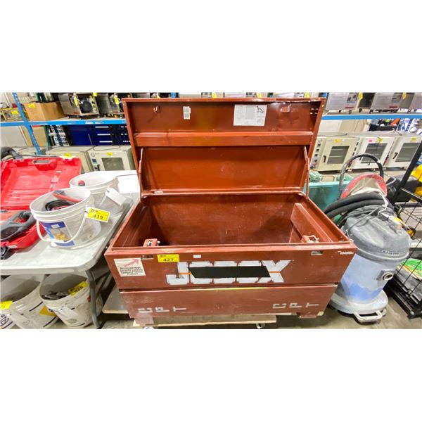 JOBOX TOOL CHEST LOCK BOX ON WOODEN 4 WHEEL DOLLY