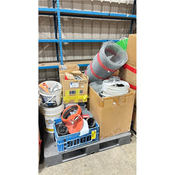 PALLET OF ASSORTED PLUMBING / DUCTING PARTS, HARDWARE, & MESH