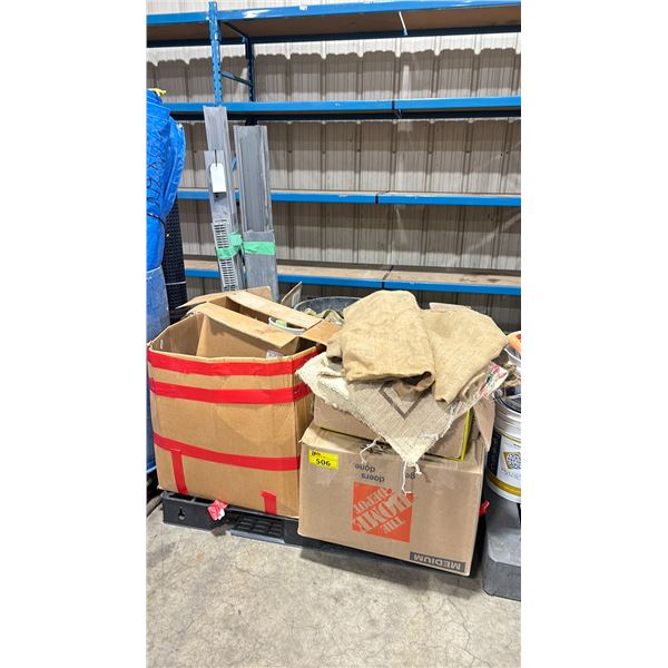 PALLET OF ASSORTED PLASTIC CHANNEL, BOXES OF ROPE, BURLAP AND ASSORTED WHEELS / TIRES