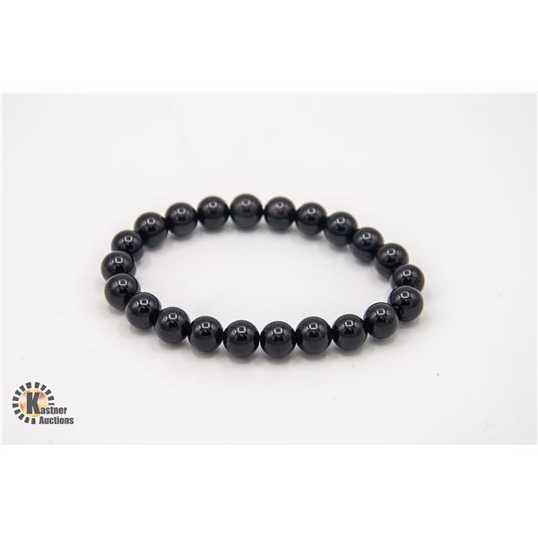 #166- NATURAL BLACK OBSIDIAN BEAD BRACELET 7.5"